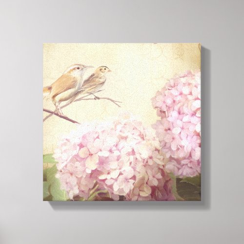 Softly Summer 2 Songbirds Pink Hydrangeas Vintage Canvas Print