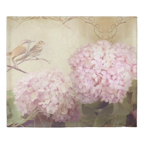 Softly Summer Carolina Wrens Pink Hydrangea Floral Duvet Cover