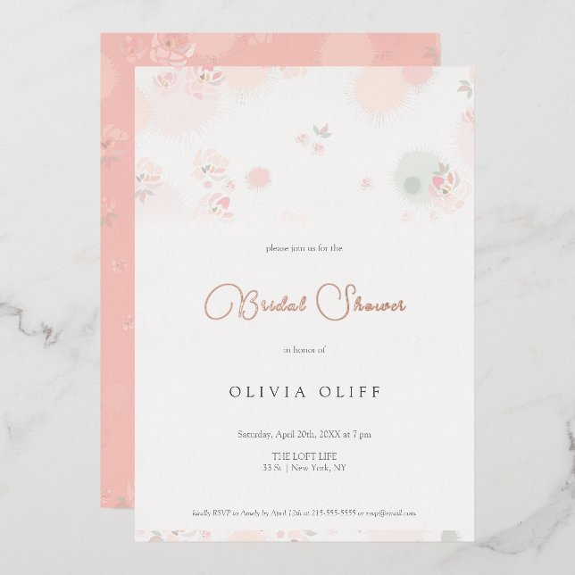 Softness Tea Roses Bridal Shower Foil Invitation (Front/Back)
