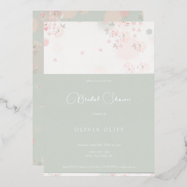 Softness Tea Roses Bridal Shower Foil Invitation (Front/Back)