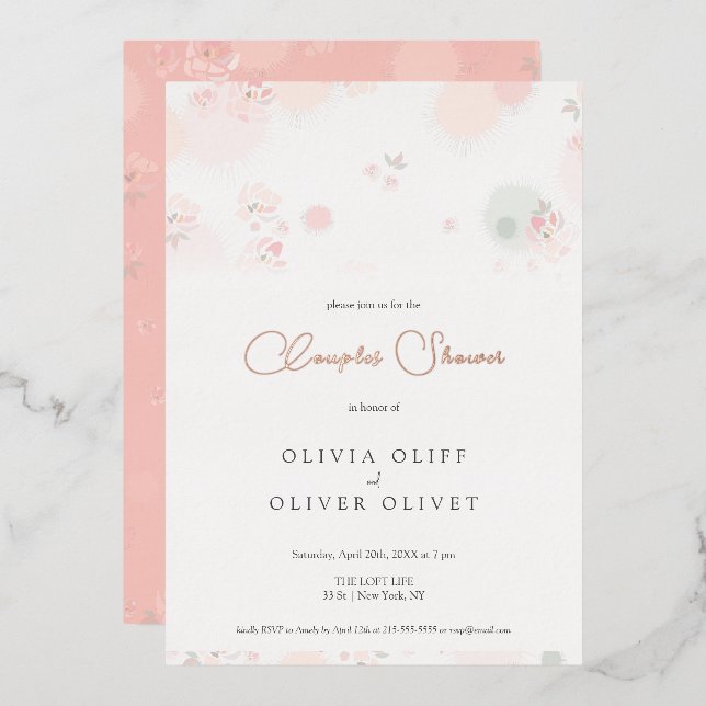 Softness Tea Roses Couples Shower Foil Invitation (Front/Back)