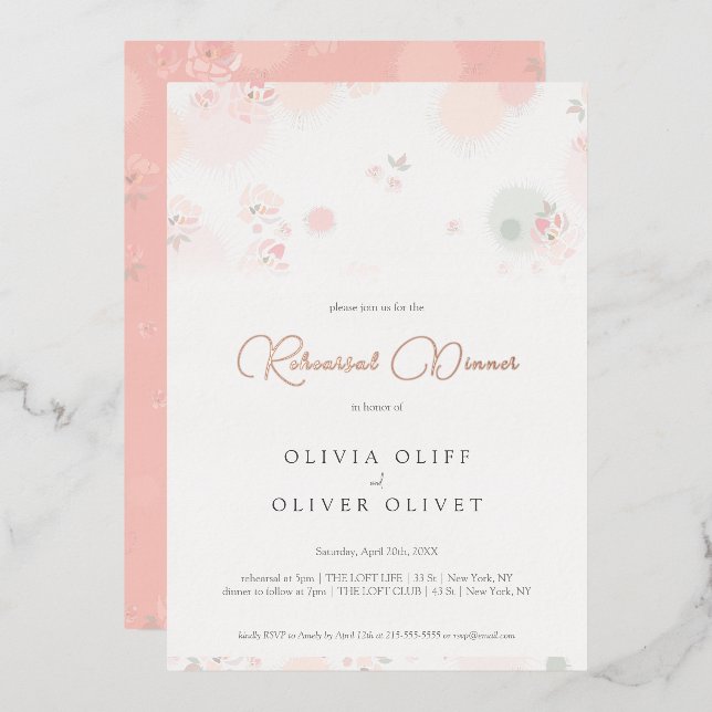 Softness Tea Roses Rehearsal Dinner Foil Invitation (Front/Back)