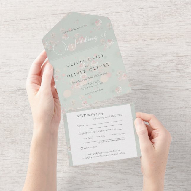 Softness Tea Roses Wedding All In One Invitation (Tearaway)