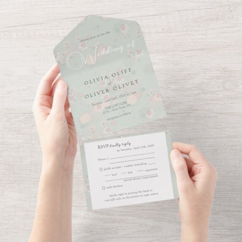 Softness Tea Roses Wedding All In One Invitation