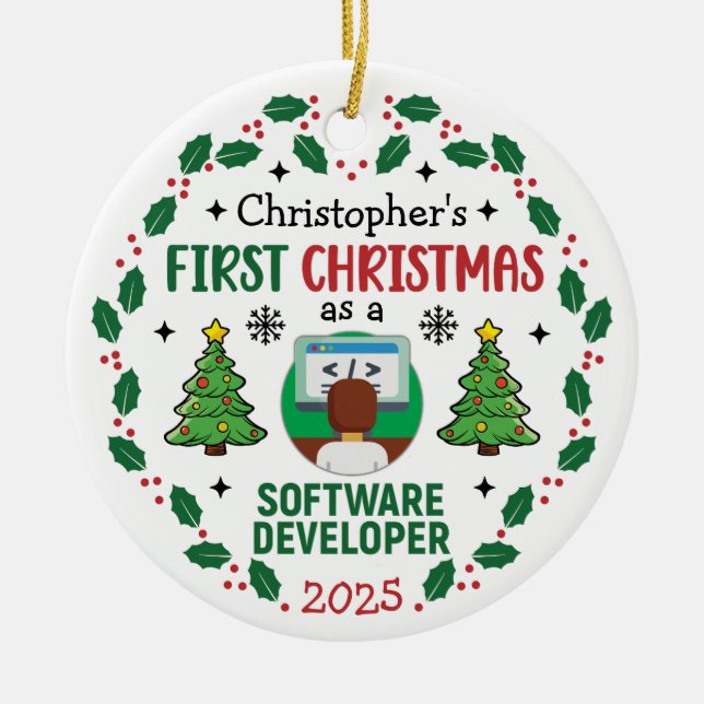 Software Developer First Christmas Custom Name Ceramic Ornament (Front)