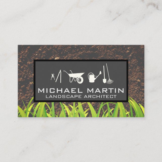 Soil and Growing Grass | Gardening Tools Business Card (Front)