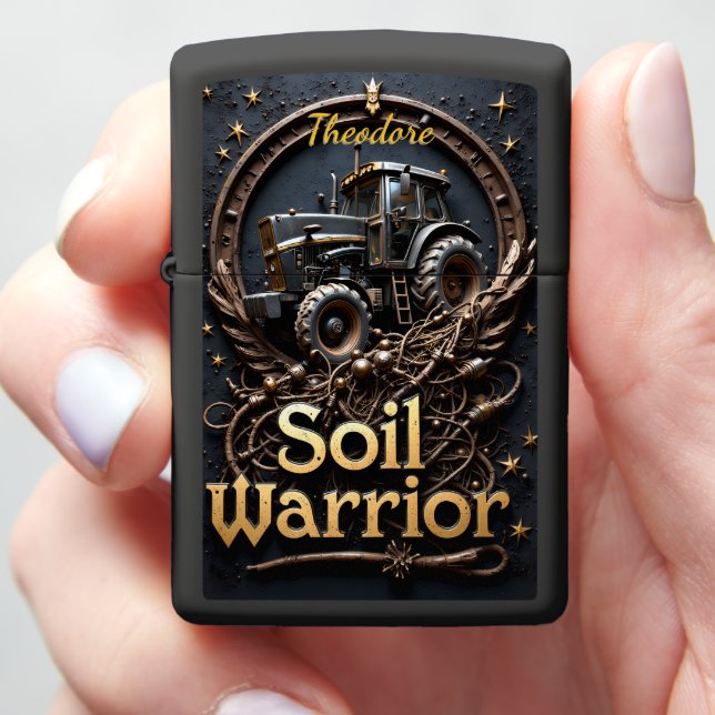 Soil Warrior Tractor Ornate Zippo Lighter (In Hand)