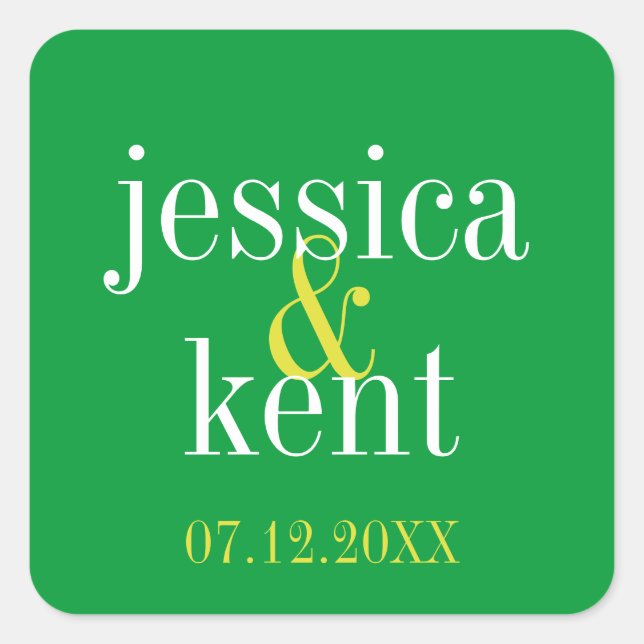 Soild green clean typography modern wedding favor square sticker (Front)
