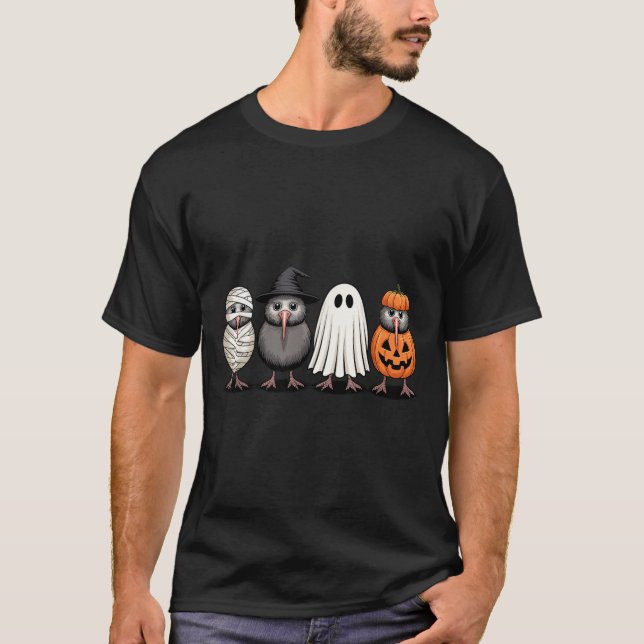 Soky Ghost Kiwi Bird Pumpkin Halloween Skeleton  T-Shirt (Front)