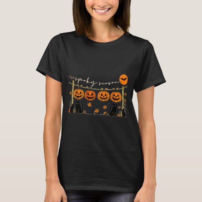 Soky Season Retro Halloween Black Cat Pumpkin Fall T-Shirt (Front)