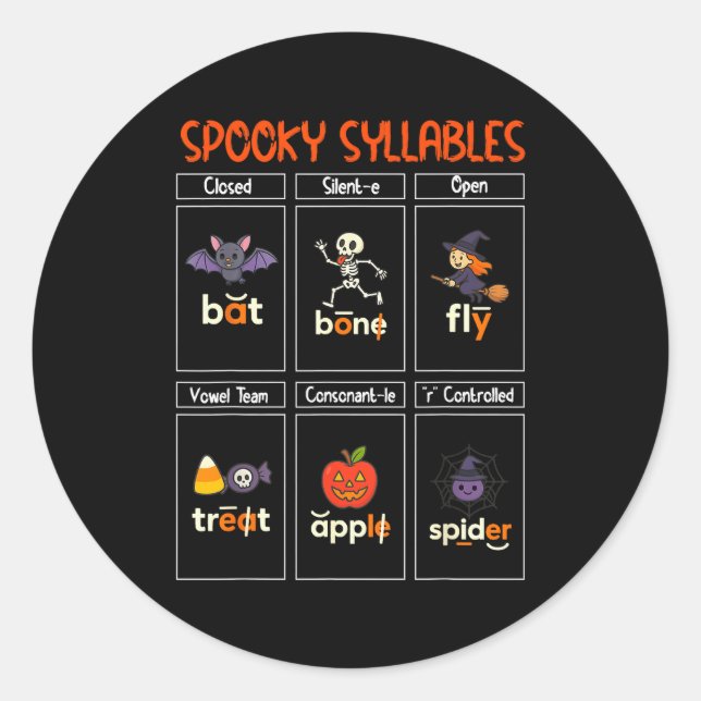 Soky Syllables Halloween Teacher Educational Phoni Classic Round Sticker (Front)