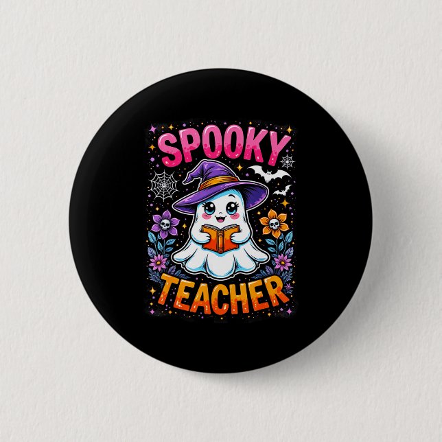 Soky Teacher Cute Ghost Reading Book Funny Hallo  Button (Front)
