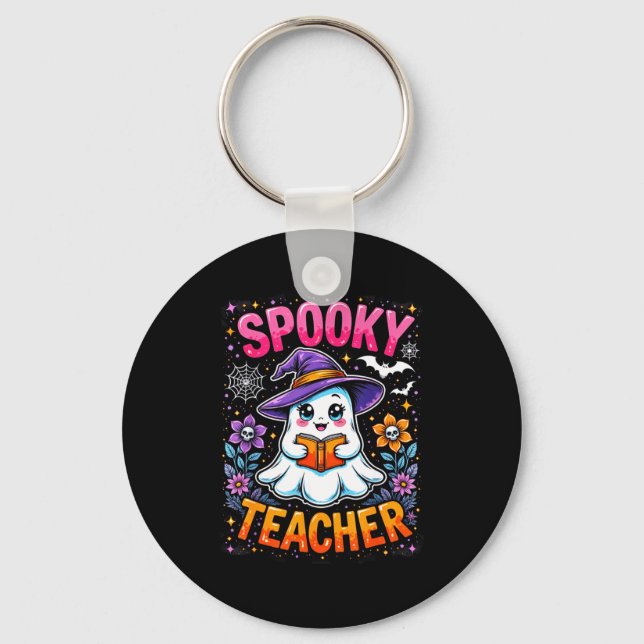 Soky Teacher Cute Ghost Reading Book Funny Hallo  Keychain (Front)