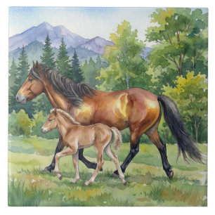 Sola Icelandic Horse and Foal in Mountain Meadow Ceramic Tile