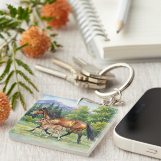 Sola Icelandic Horse and Foal in Mountain Meadow Keychain
