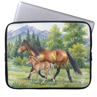 Sola Icelandic Horse and Foal in Mountain Meadow Laptop Sleeve