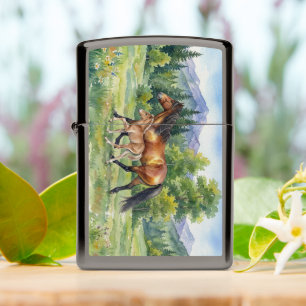 Sola Icelandic Horse and Foal in Mountain Meadow Zippo Lighter