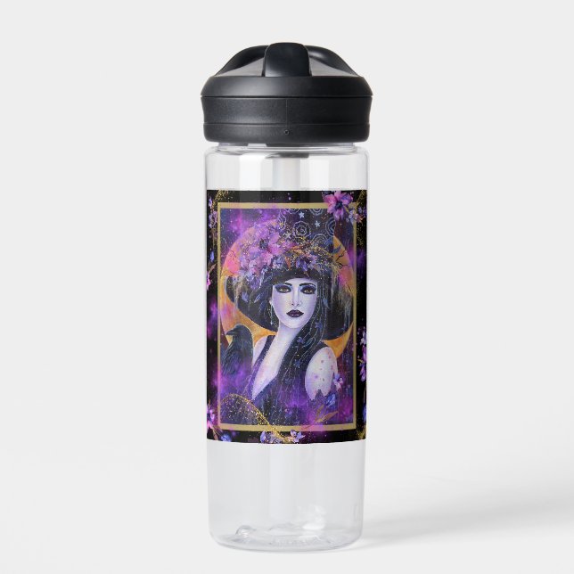 Solania Halloween Witch with Raven By Renee L Water Bottle (Front)