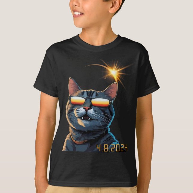 Solar 2024 Eclipse Cat Wearing Eclipse Glasses  T-Shirt (Front)