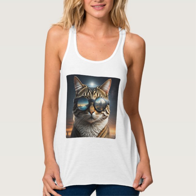 Solar Eclipse,2024 Cat Wearing Solar Eclips Glasse Tank Top (Front)