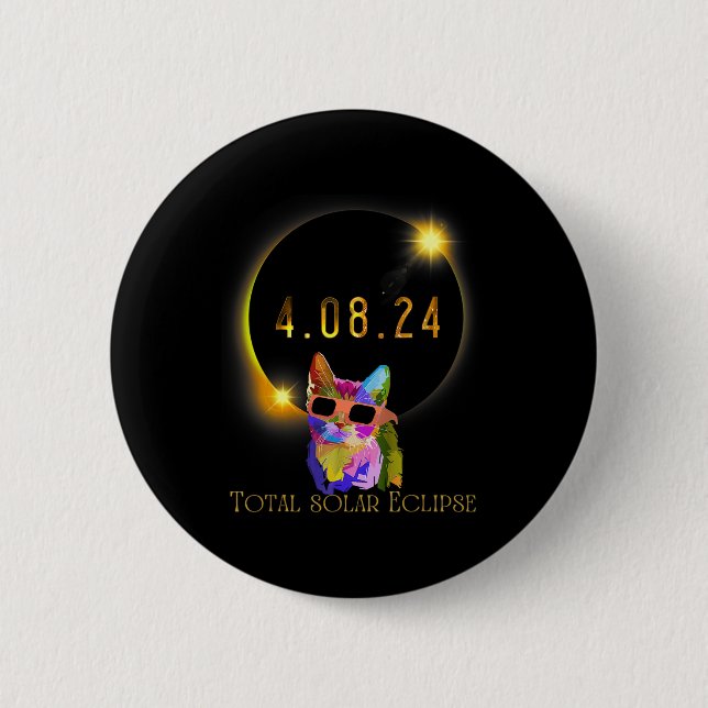 Solar Eclipse 2024 Cat Wearing Solar Eclipse Glass Button (Front)