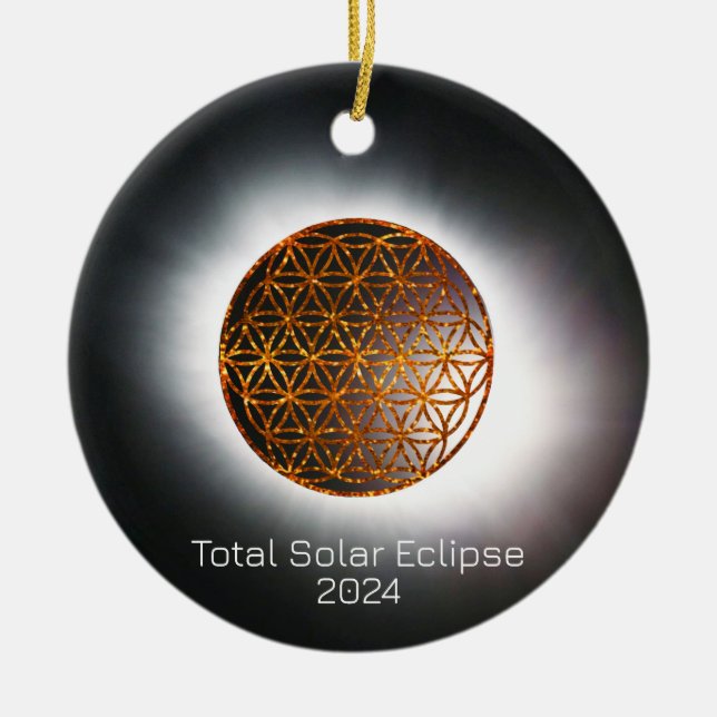 Solar Eclipse 2024 Gold Sparkling Flower of Life Ceramic Ornament (Front)