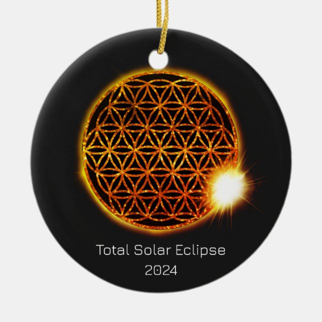 Solar Eclipse 2024 Gold Sparkling Flower of Life Ceramic Ornament (Front)
