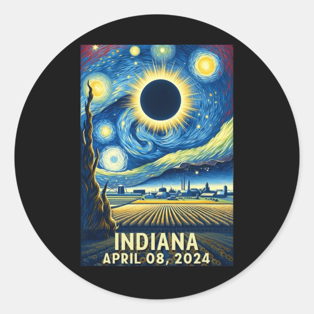 Solar Eclipse 2024 Indiana Starry Night  Classic Round Sticker (Front)