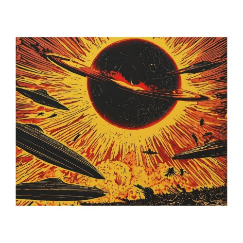 Solar eclipse and war in the sky exploding UFOs  Wood Wall Art