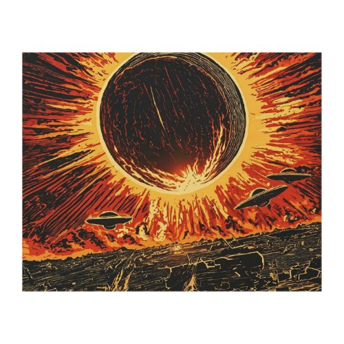 Solar eclipse and war in the sky exploding UFOs  Wood Wall Art