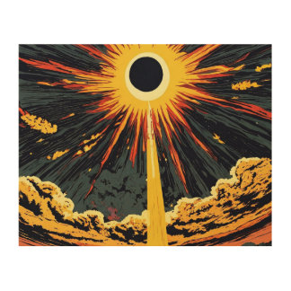 Solar eclipse and war in the sky, exploding UFOs, Wood Wall Art