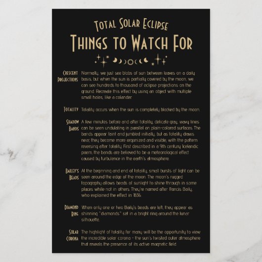 Solar Eclipse Celestial Stars Black Fun Fact Sheet (Back)