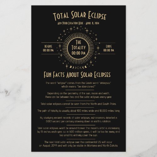 Solar Eclipse Celestial Stars Black Fun Fact Sheet
