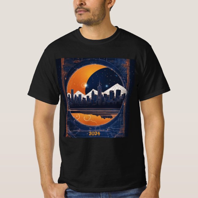 Solar Eclipse Cityscape Hills 2024 Add Name Men's T-Shirt (Front)