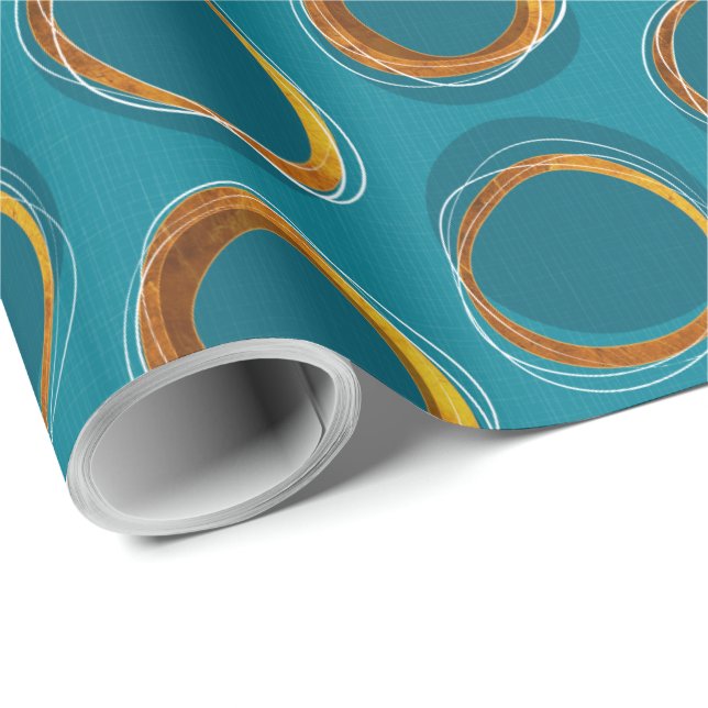 Solar Eclipse Mid-Century Modern - Blue and Gold Wrapping Paper (Roll Corner)