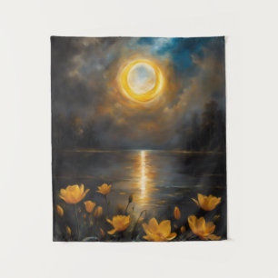 Solar Eclipse Painting Lake with Flowers Tapestry