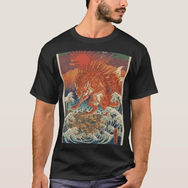 Solar Kitsune Over Waves T-Shirt (Front)