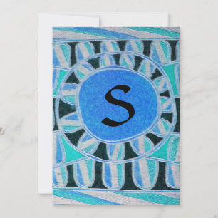 SOLAR MONOGRAM,bright blue turquase black white Invitation