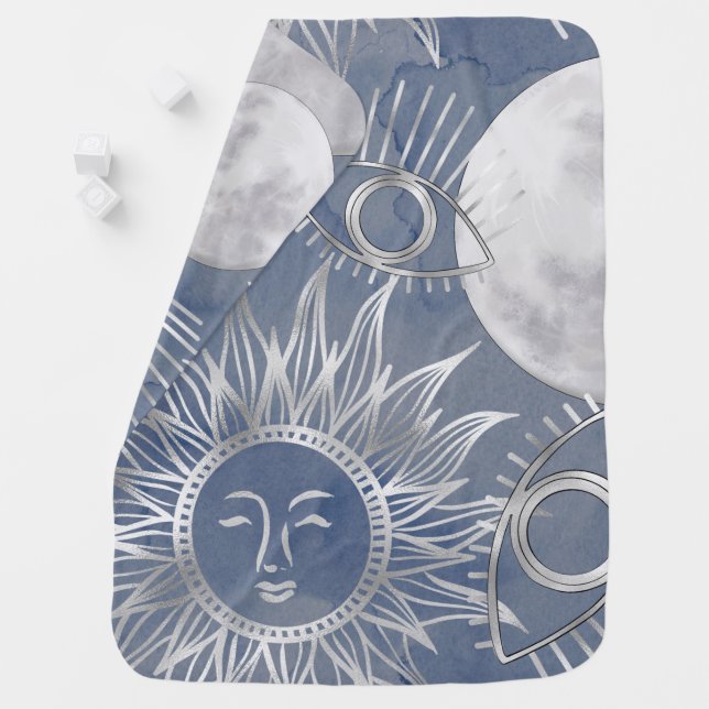 Solar Mystique | Dusty Blue Silver Moon Stars Sun Baby Blanket (In Situ)
