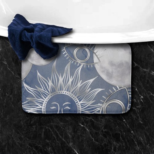 Solar Mystique  Dusty Blue Silver Moon Stars Sun Bath Mat