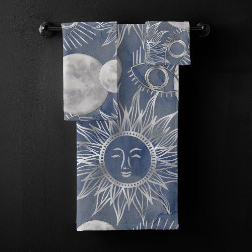 Solar Mystique  Dusty Blue Silver Moon Stars Sun Bath Towel Set