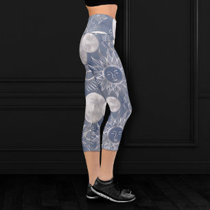Solar Mystique   Dusty Blue Silver Moon Stars Sun Capri Leggings
