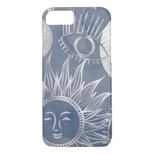 Solar Mystique  Dusty Blue Silver Moon Stars Sun iPhone 87 Case