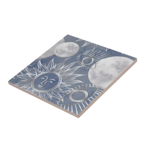 Solar Mystique  Dusty Blue Silver Moon Stars Sun Ceramic Tile