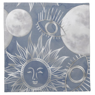 Solar Mystique Dusty Blue Silver Moon Stars Sun Cloth Napkin