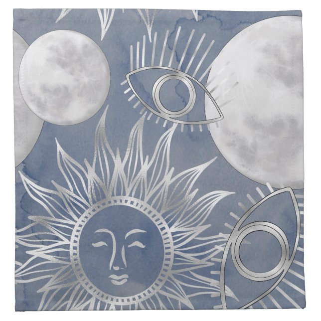 Solar Mystique | Dusty Blue Silver Moon Stars Sun Cloth Napkin (Front)