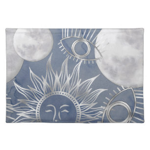 Solar Mystique   Dusty Blue Silver Moon Stars Sun Cloth Placemat