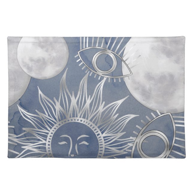 Solar Mystique | Dusty Blue Silver Moon Stars Sun Cloth Placemat (Front)