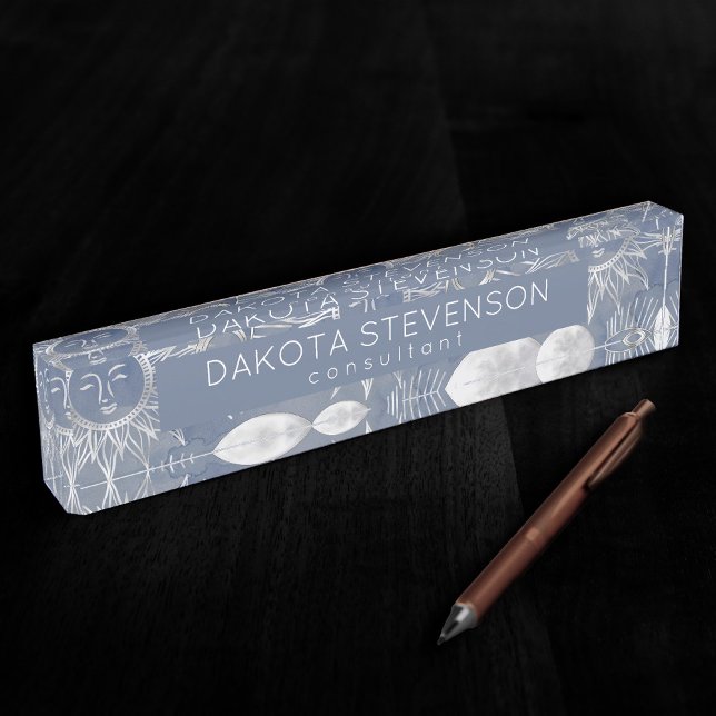 Solar Mystique | Dusty Blue Silver Moon Stars Sun Desk Name Plate (Creator Uploaded)