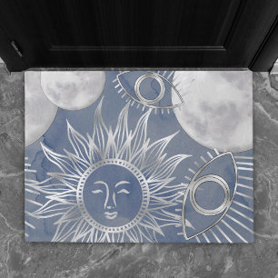 Solar Mystique Dusty Blue Silver Moon Stars Sun Doormat